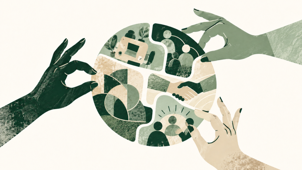 Illustration of hands joining puzzle pieces of work and people
