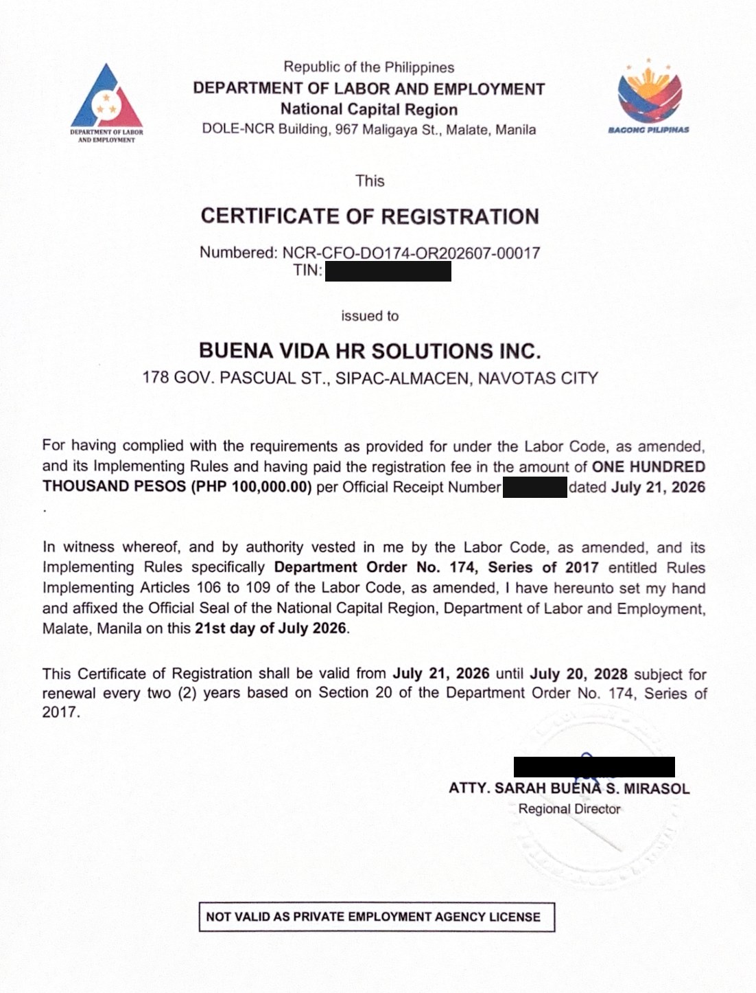 DOLE Certificate of Registration of Buena Vida HR Solutions Inc., valid July 21, 2026 to July 20, 2028
