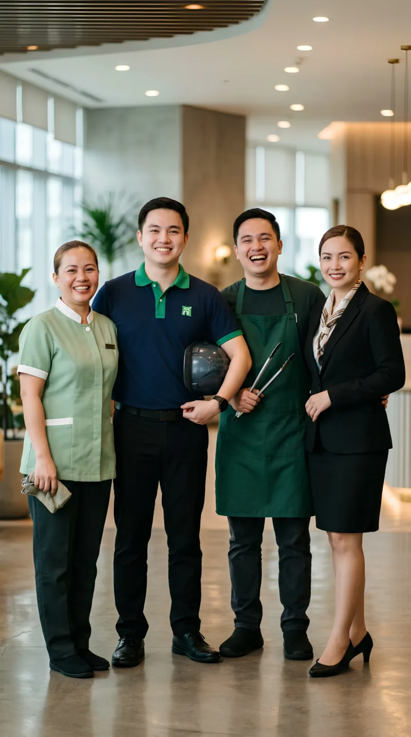 Smiling Buena Vida team members in uniform in a bright hotel lobby
